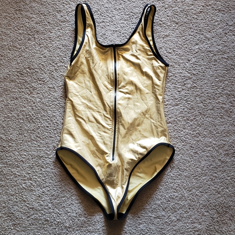 American Apparel metallic gold zip up bodysuit